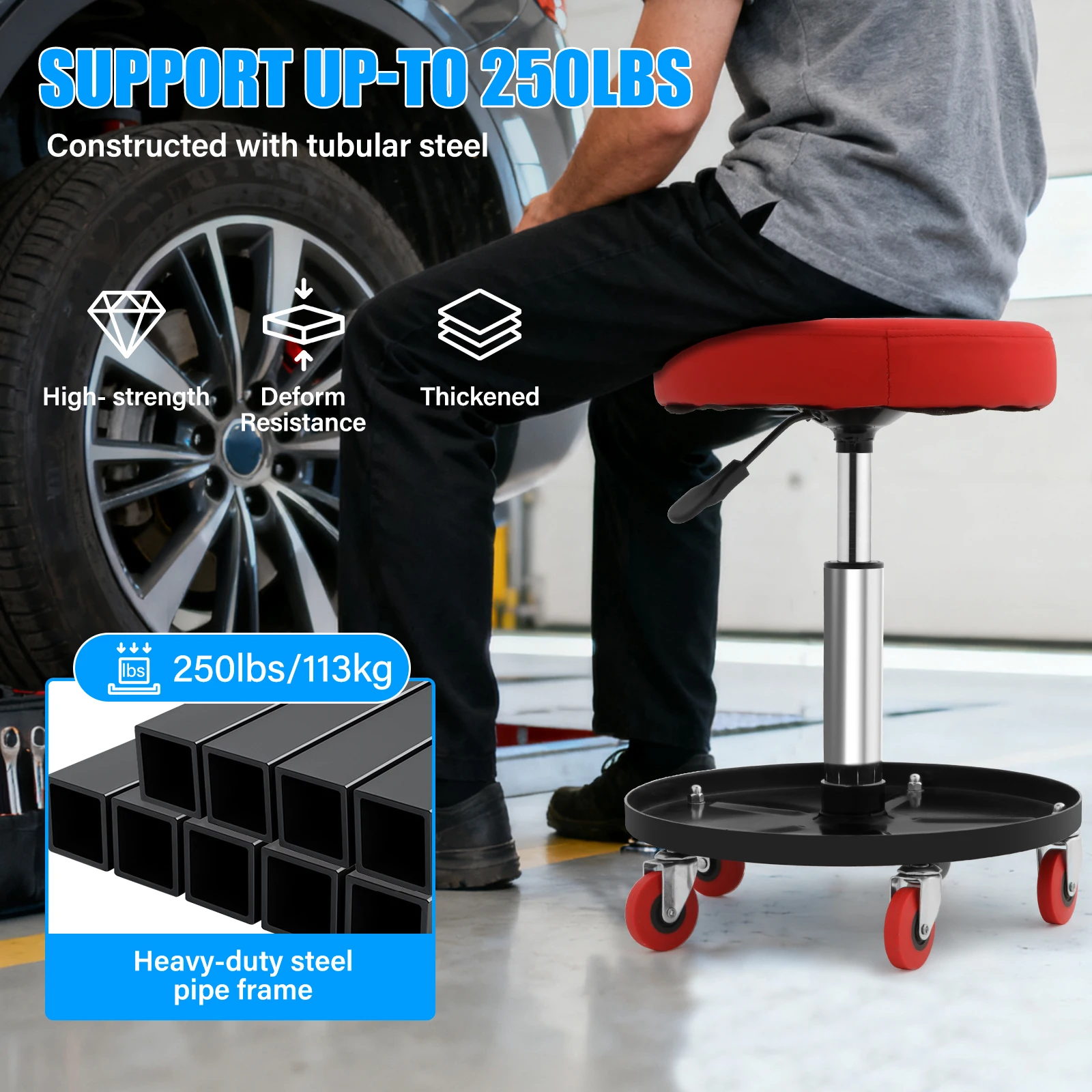 Taburete taller mecánico regulable 40-55cm, giratorio 360°, bandeja portaherramientas, ruedas móviles, asiento piel sintética impermeable, carga 113kg taller automoción