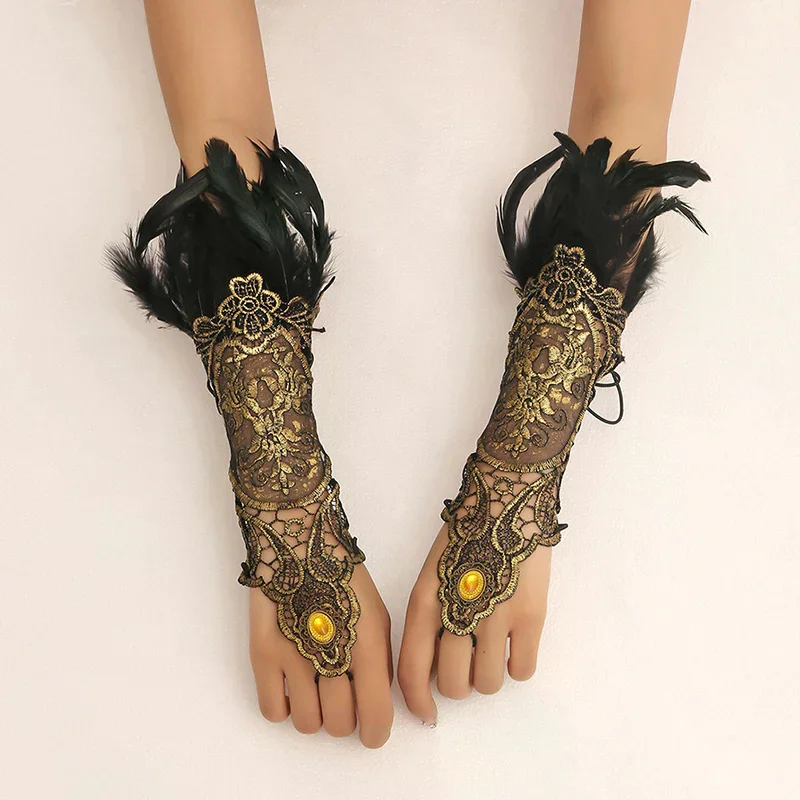 Gothic Gold Lace Long Glove Bracelet For Women, Party Sexy Fingerless Gloves Exaggerated Lace Fishnet Gloves Accessories