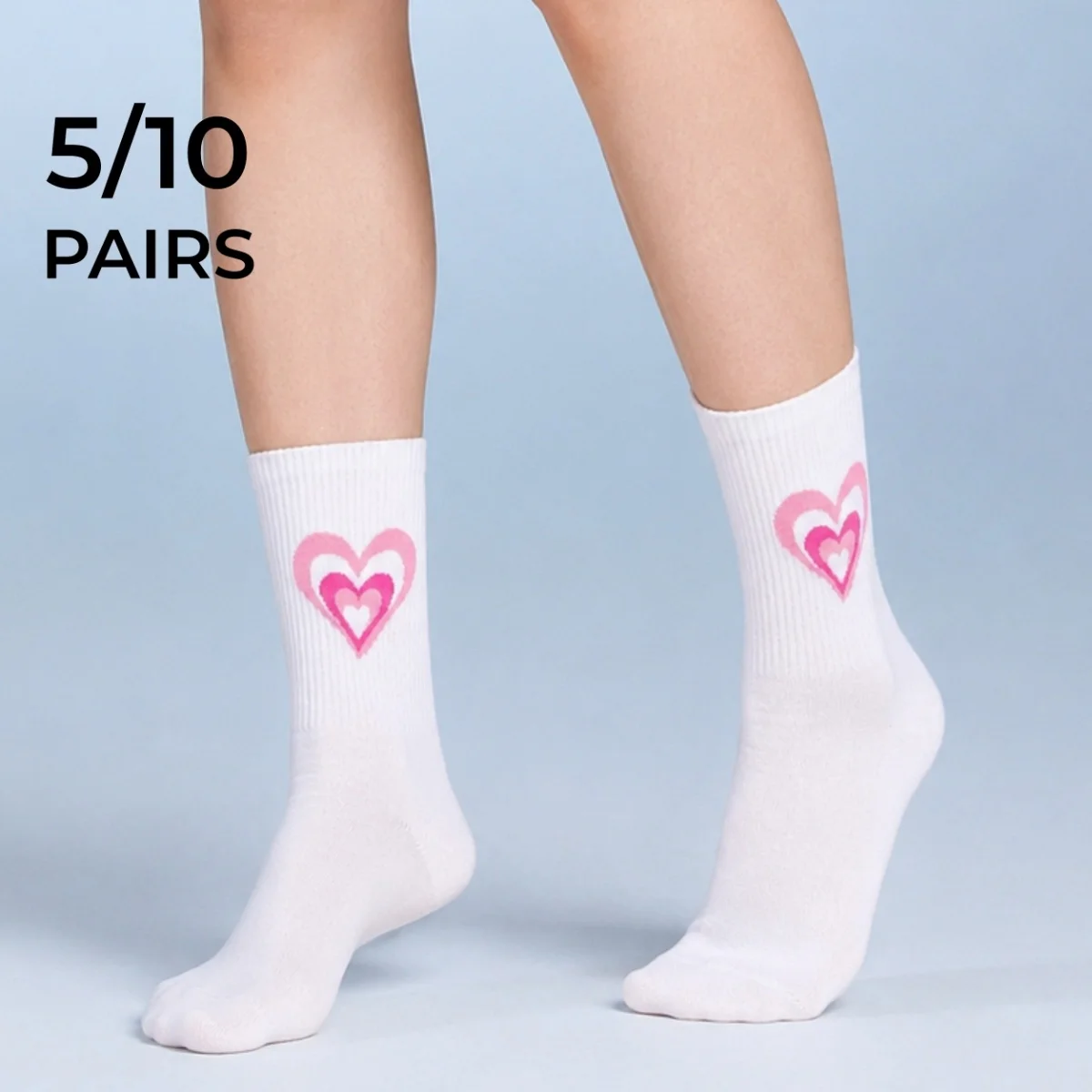 5/10 Pairs of White Women's Mid-Calf Socks with Heart Knit Design, Breathable, Comfortable, Skin-Friendly, Soft, Elegant, Fun, Fashionable, Versatile Student Socks for Spring, Summer, Autumn, and Winter
