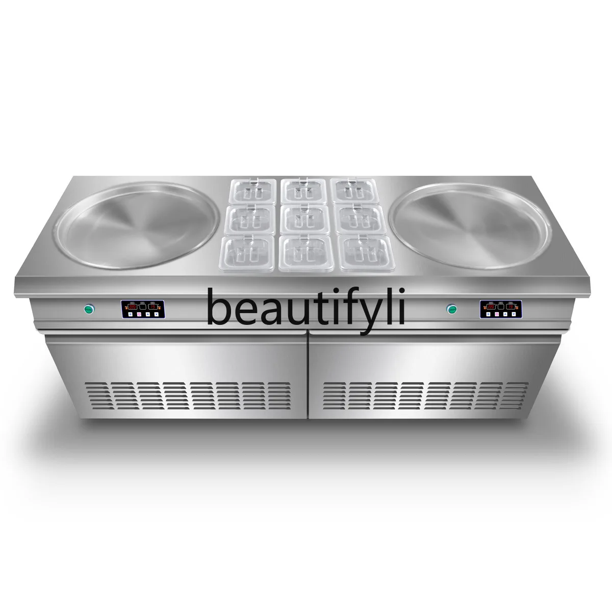 Pentola rotonda doppia intelligente con 9 secchi Macchina per rotoli di gelato mescolato per ghiaccio mescolato Macchina per yogurt mescolato tailandese