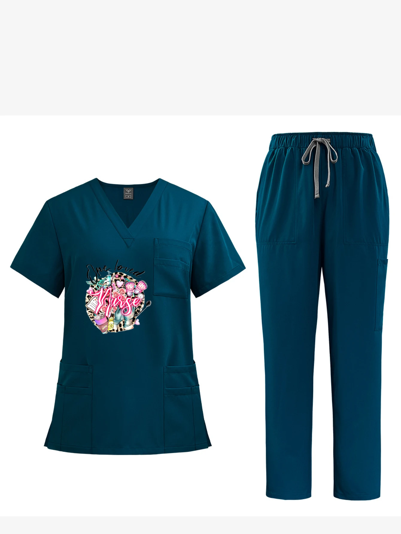 Op maat gemaakte gezondheidszorgkleding: unisex verpleegstersoverall met V-hals |   Desinfectiebestendige exclusieve printwerkkleding voor verzorgen en spa