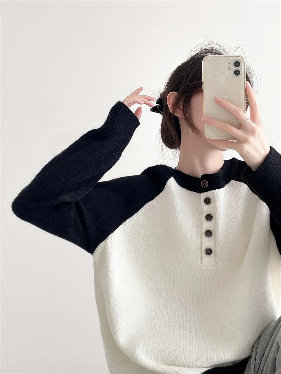 

Loose Long Sve Knitted Sweater round Ne Overhead Color Blo Design Casual Sle Single Button Women's Faion Top