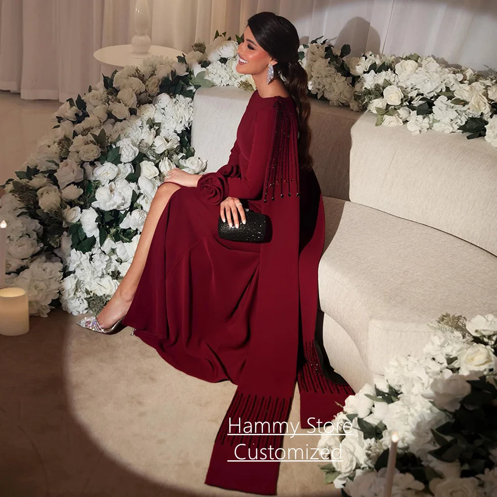 Vestido de baile personalizado, elegante, gola redonda, mangas compridas, flores, pedras pesadas, fenda lateral, vestido de festa de noite árabe