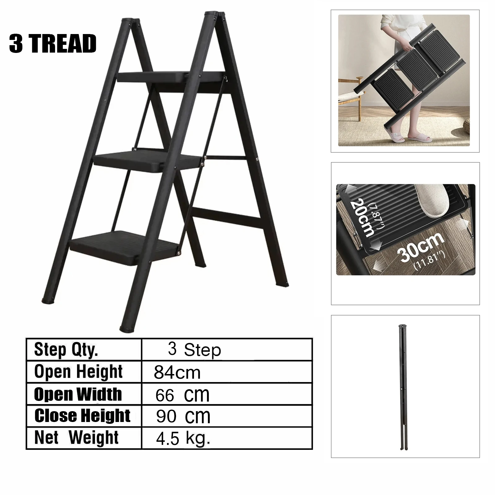 3 Step Ladder Aluminum Light Folding Step Multifunctional Protable Ladder Stable Household Step Stool Black Shelf For Home