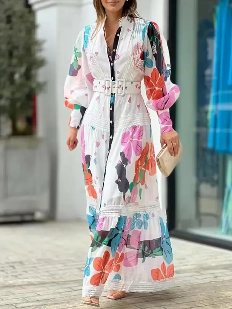 Onecozyday Stand Collar Floral Printed Long Sleeves Dress for Women Autumn New High Waist A-line Party Dress Buttoned Maxi Dress