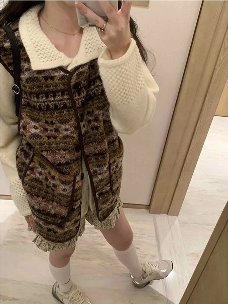 

Y2K Эстетическая зимняя винтажная жаккардовая майка Harajuku в стиле гранж, однобортная майка, женская уличная одежда, повседневные майки с карманами