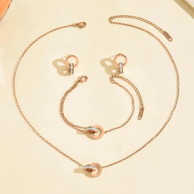 Double Ring Roman Digital Zircon Jewelry Set, Titanium Steel Pendant, Necklace Earrings and Bracelet for Women Fashion 4Pcs/Set