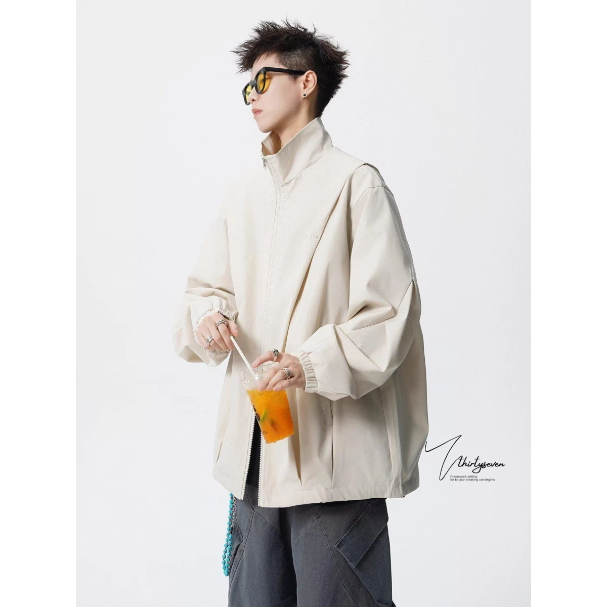 Loose Fit Men's Pilot Jaet Autumn Faion Windbreaker Folded Workwear Coat Beige Color Polyester Fiber Long Sve Stand Co...