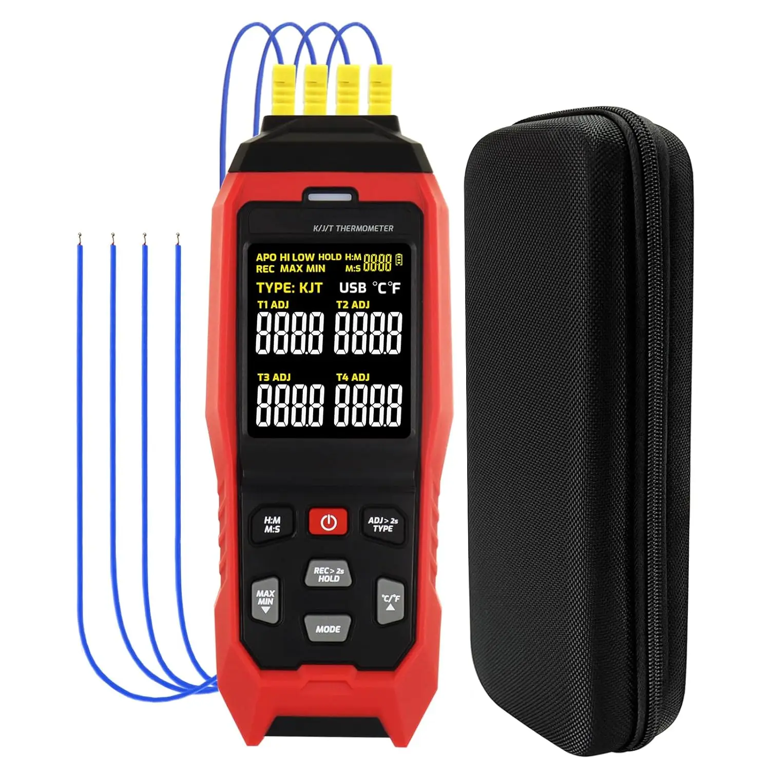 

4-Channel K-Type Thermocouple Thermometer, -328 to 2502°F HVAC Thermometer with Color Dual Display, USB Data Export