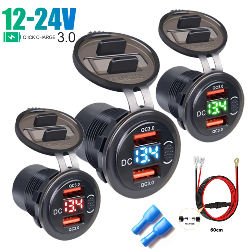 12/24V Car Charger 36W QC3.0 Dual USB Car Motor Charger Socket Waterproof With Voltmeter Switch Fast Quick Charge Adapter