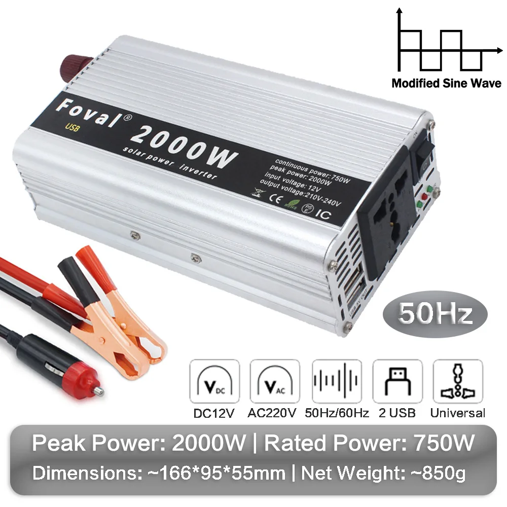 DC12V TO AC220V Inverter 2000W Peak Power Converter 50Hz/60Hz Universal Socket Dual USB Port Solor Car Inverter RV Outdoor USE
