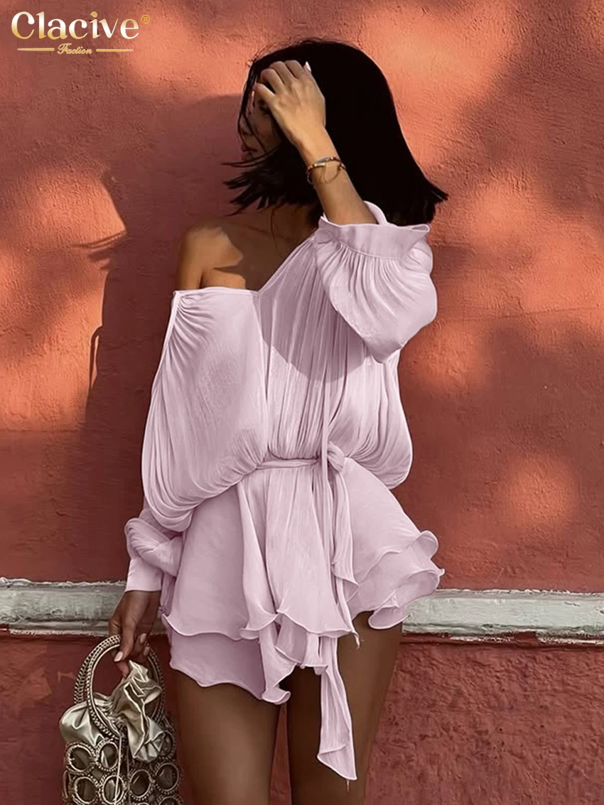 

Clacive Sexy Loose Pink Women's Dress 2026 Fashion V-Neck Long Sleeve Mini Dresses Elegant Classic Lace-Up Pleated Female Dress