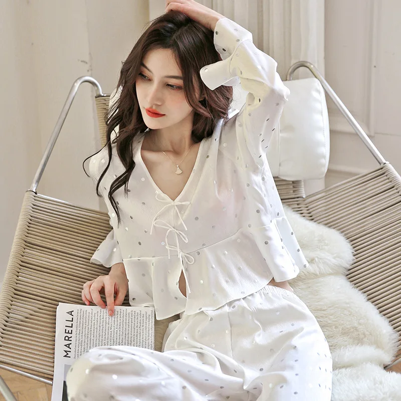 

2023 Spring New Pajamas Pour Femme Nightown Lace Palace Style Sleepwear Laepl Satin Home Clothes Long Sleeve Nightwear Pyjamas