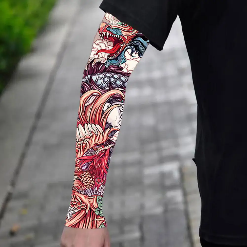 Manga de tatuaje de verano, cubierta de brazo Solar UV, manguito de ciclismo, secado rápido, fresco, transpirable, seda de hielo, protección solar con estampado antiquemaduras solares