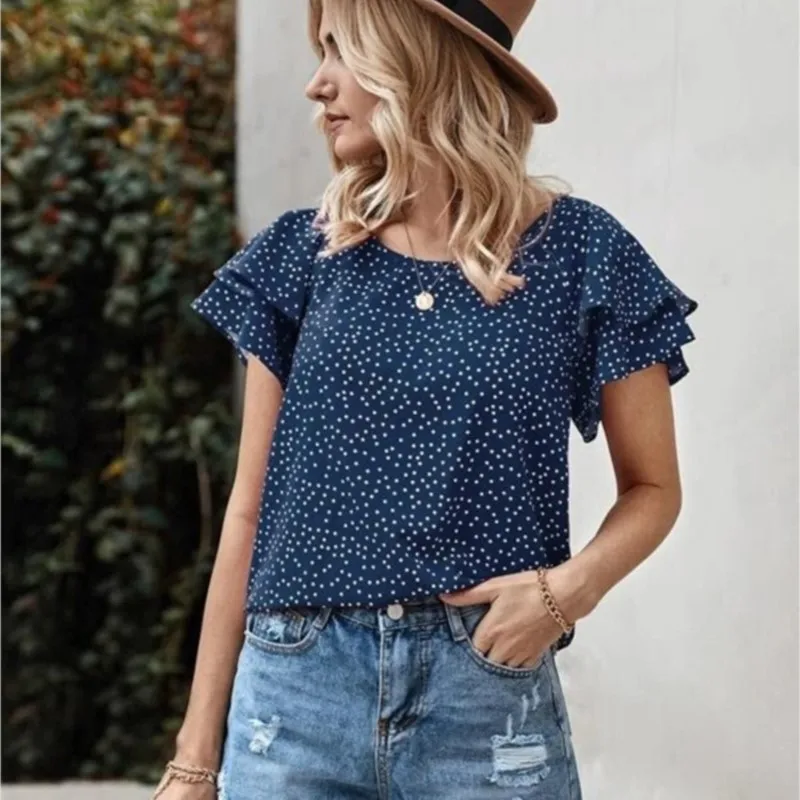 2025 sommer Neue Tunika Tops Für Frauen Kurzarm Polka Dots Bluse Arbeit Urlaub Hemd Casual O Neck Blusas Weibliche Chemise Mujer