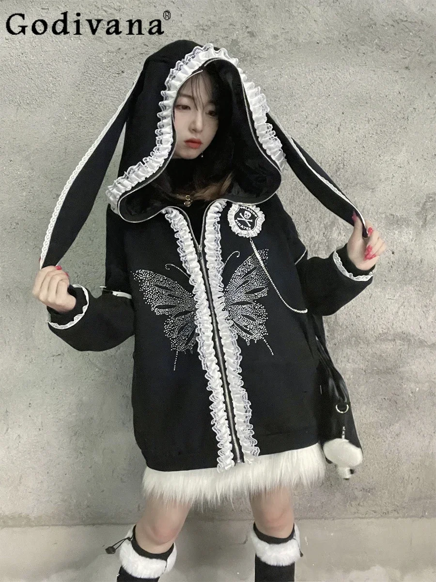 Sudadera con capucha de orejas de conejo para mujer, suéter de manga larga con cremallera, estilo Harajuku, Punk oscuro, suelto, talla grande, Y2K, subcultivo, otoño