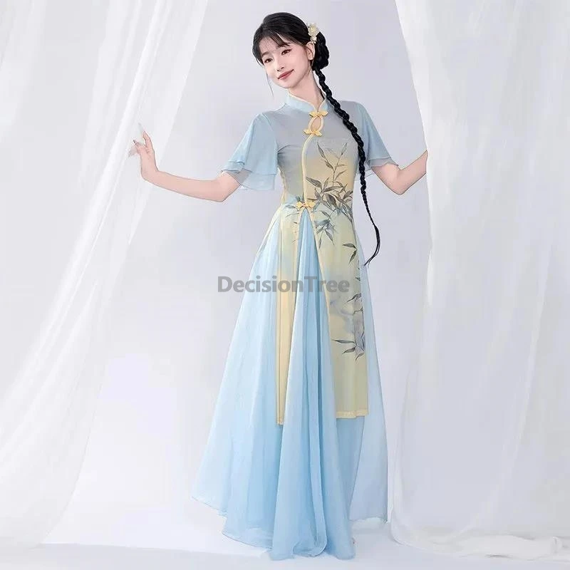 

Литература искусства 2021, бамбуковый принт, танцевальное Ципао, китайский классический танец, улучшенная сказочная марля Ципао, ретро темперамент, Cheongsam