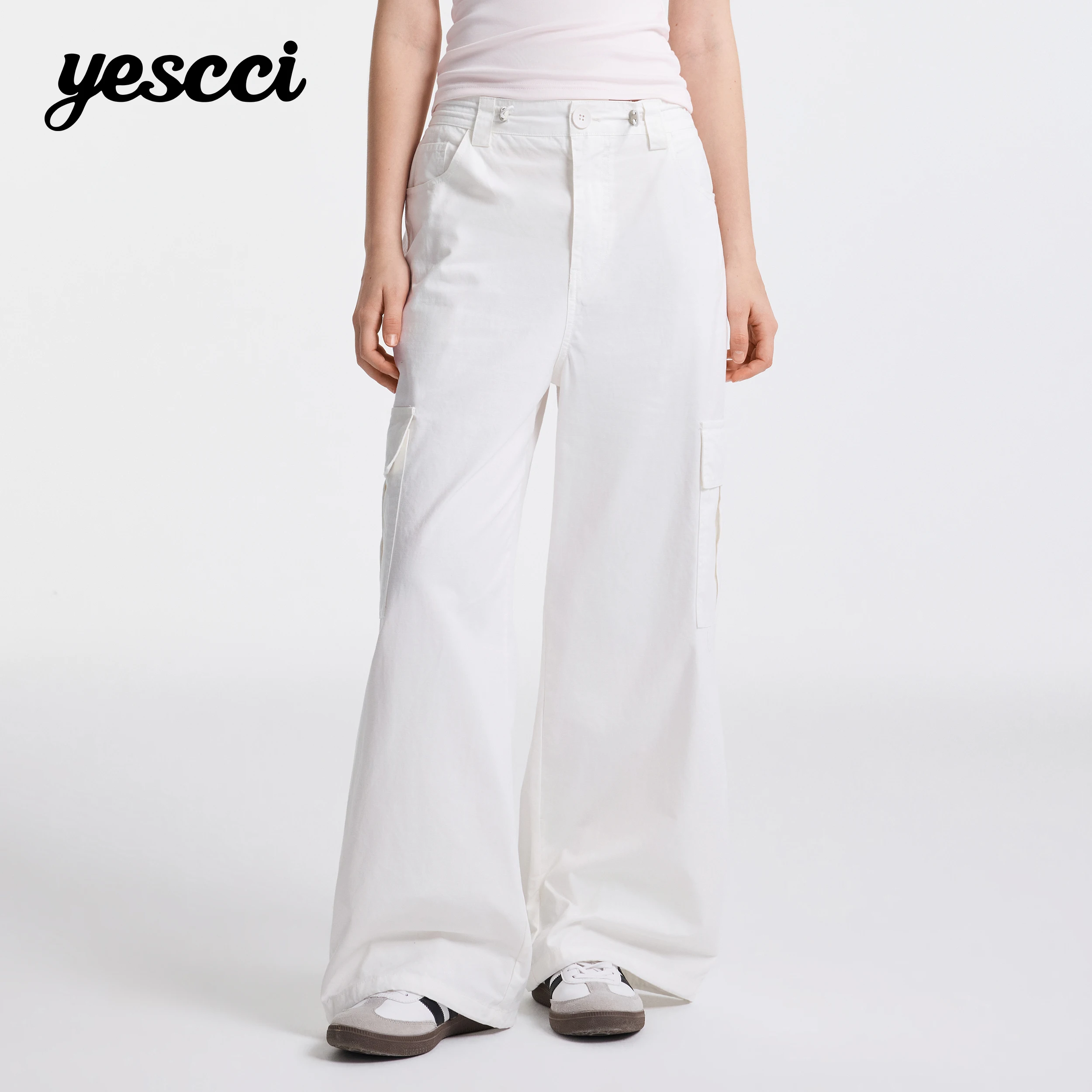 YESCCI Women Pants Autumn Lightweight Cotton Wide Leg Cargo Pants Woman Multiple Pockets Breathable Versatile Trousers S56441238