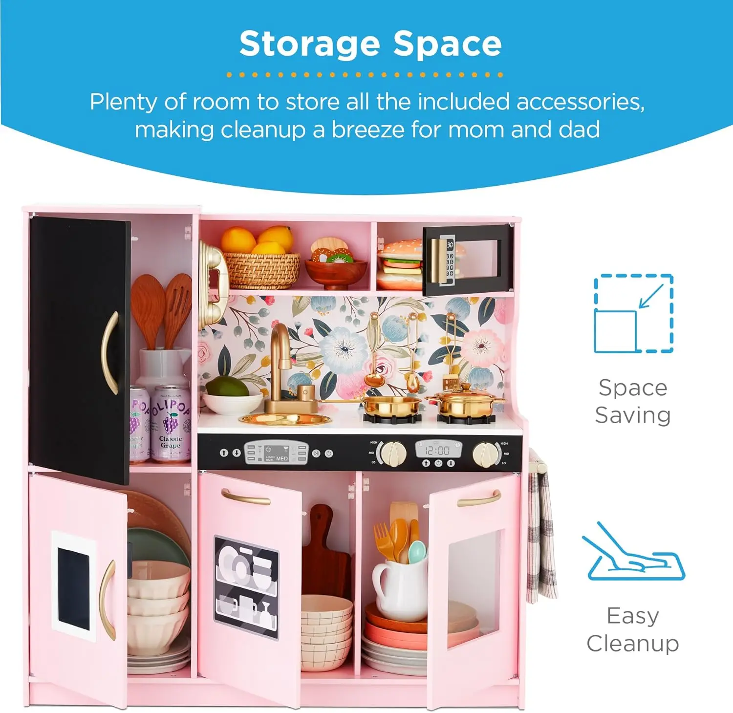 Pretend Play Kitchen Wooden Toy Set for Kids w/Realistic Design, Telephone, Utensils, Oven, Microwave, Sink