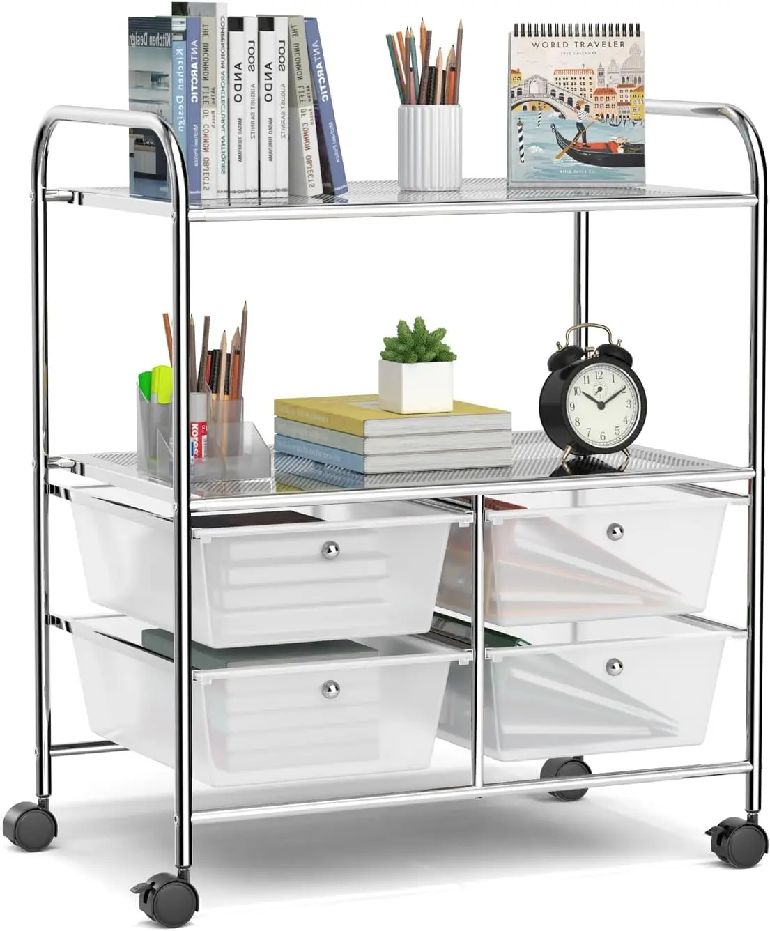 Relax4Life Rolling Storage Cart With 4 Drawers, Utility Cart On Wheels W/2 Shelves & Metal Frame, Paper Scrapbook File