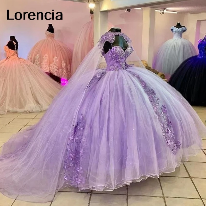 Lorencia lila Quince anera Kleid Maskerade geschwollene Ballkleid 3d Blumen Applikation Perlen mit Cape Vestidos de 15 Años YQD752