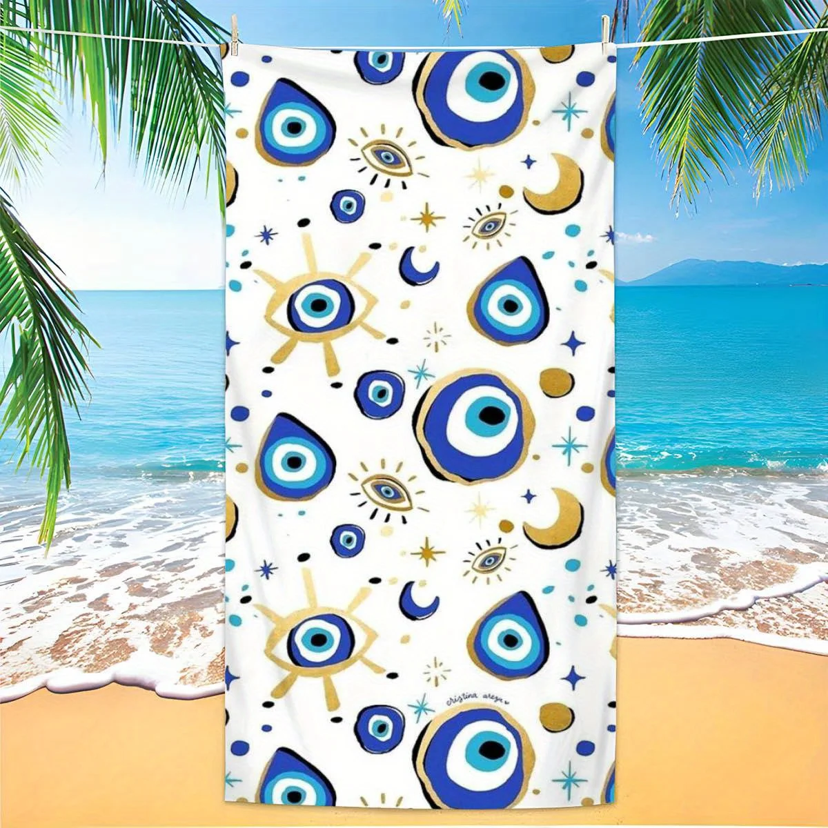 1pc Ultra-Absorbent Moon, Star & Evil Eye Beach Towel-Luxuriously Soft, Fashionable Pool & Beach Accessory-Trendy Print