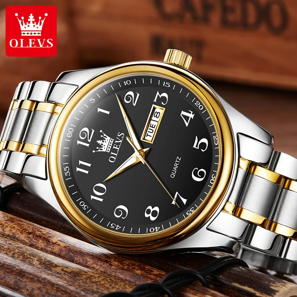 OLEVS Original Watch for Men Stainless Steel Waterproof Classics Dual Calendar Digit Dial Fashion Sports Quartz Men Wristwatches