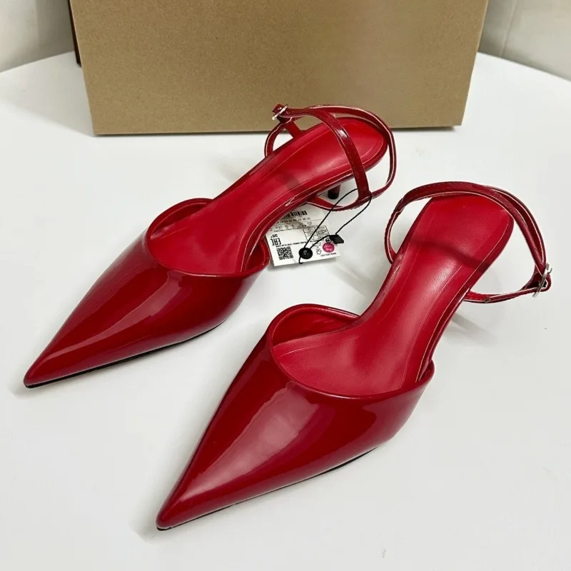 

Luxury Brand Pointed Toe Office Ladies Pumps Red Patent Leather Buckle Strap Party Slingbacks Comfortable Mid Heels Women Shoes