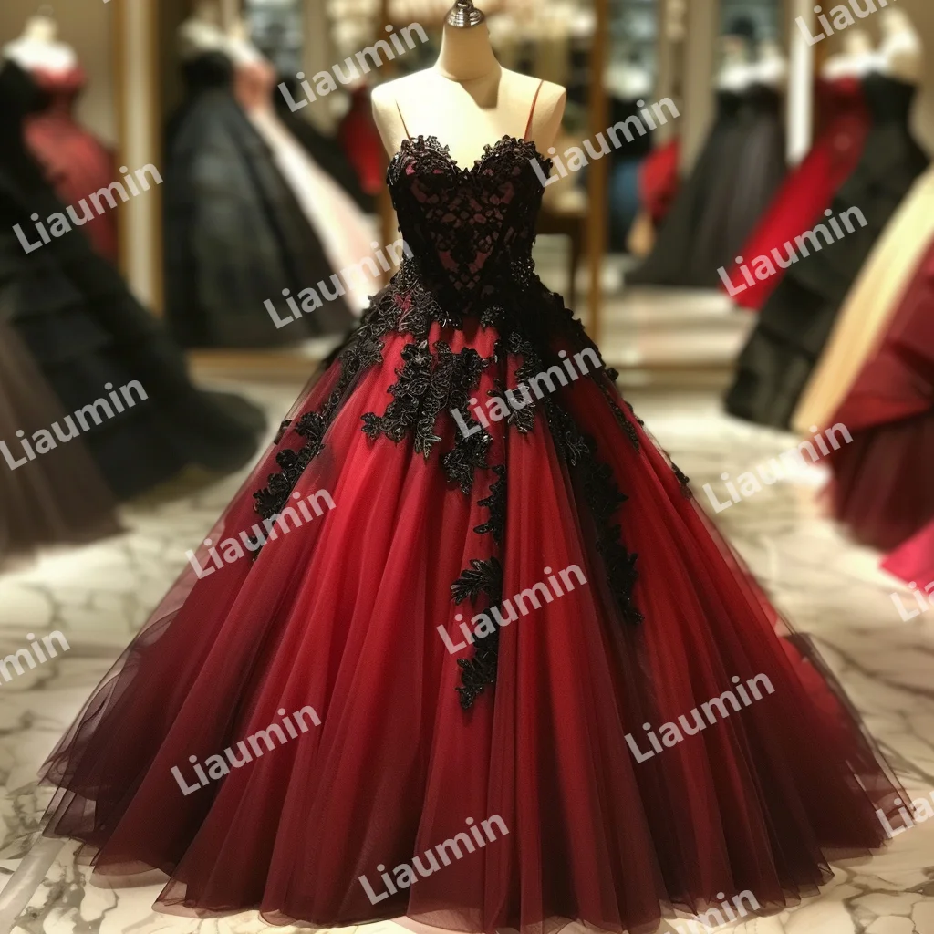 Tulle rosso pizzo nero Applique abito da ballo senza spalline lunghezza intera Prom abiti da cerimonia abiti da sera con lacci sul retro A3-4.6