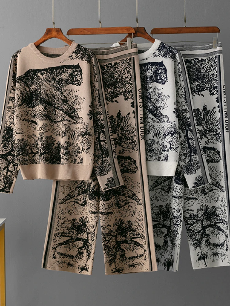 Fashion 2 Pieces Set Knitted Animal Print Elegant Casual Sets Women O-Neck Long Sleeve Knitwear+Wide Leg Long Pants