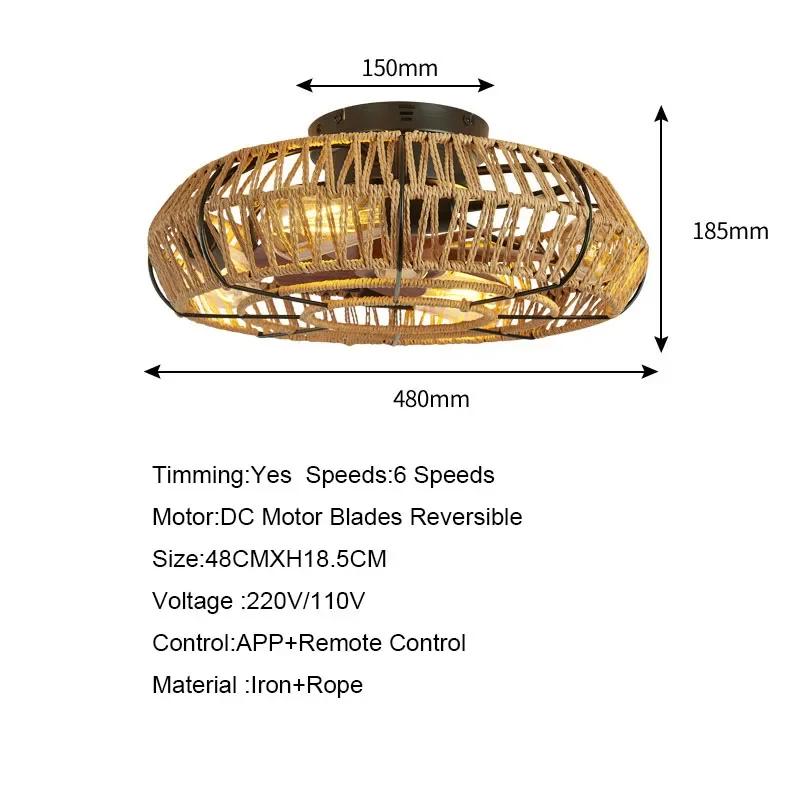 Imagem -06 - American Retro Fan Ceiling Light App Remote Control Sala de Jantar Sala de Estar Quarto Corda de Cânhamo