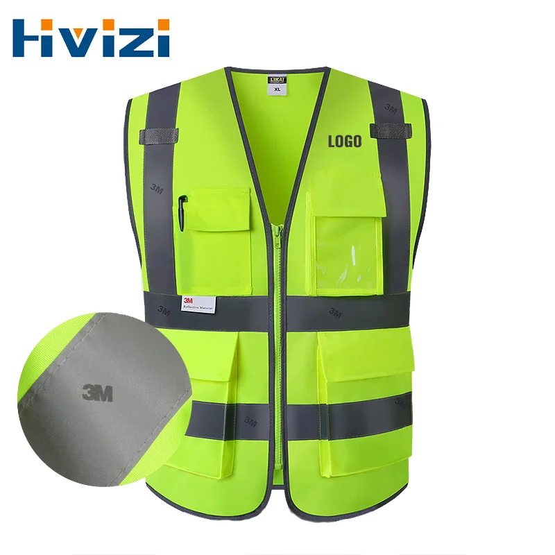 High Visibility Safety Vest with 3M Reflective Strips Multi Pockets and Zipper Front Construction Work Vest