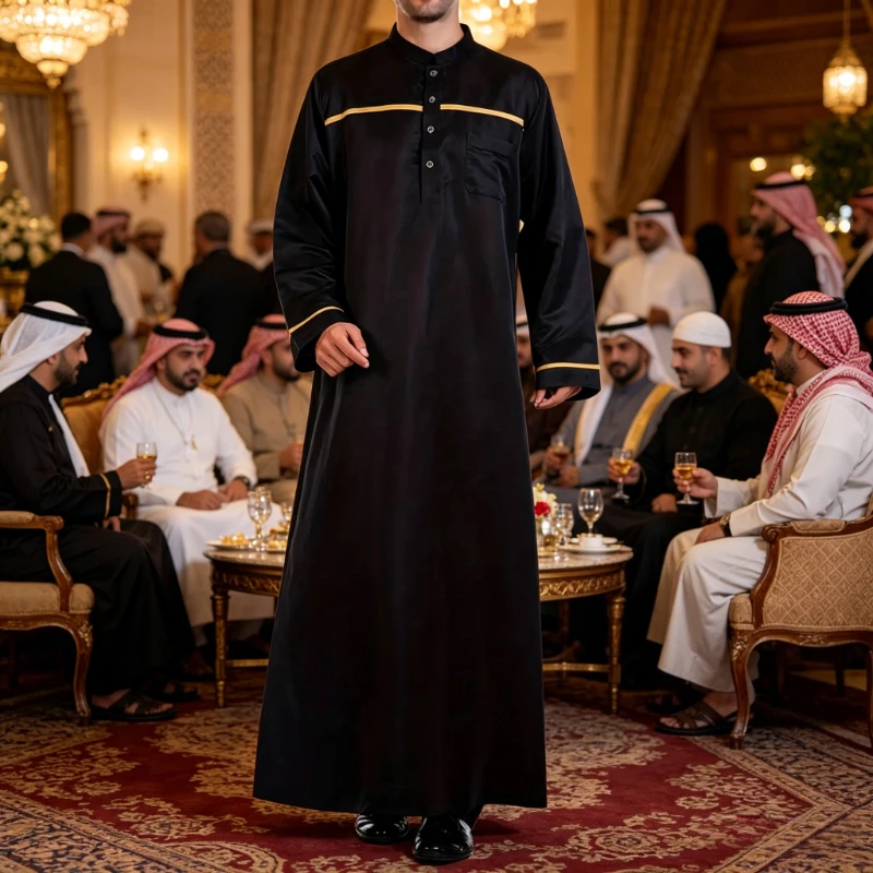 Muslim Men's Abaya Black Dress Arab Islamic Man Thobe New Design Long Sleeves Saudi Jubba Black Qamis Boys Tunics Kaftan S-XXL