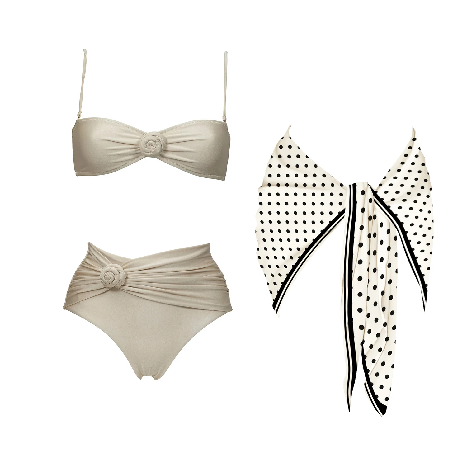 3Pcs Dot Bikini Set 2025 Bandeau Biquini Sexy Women Swimsuit Push Up Swimwear Female Flower Swim Suits Bathingsuit Beach Outfit