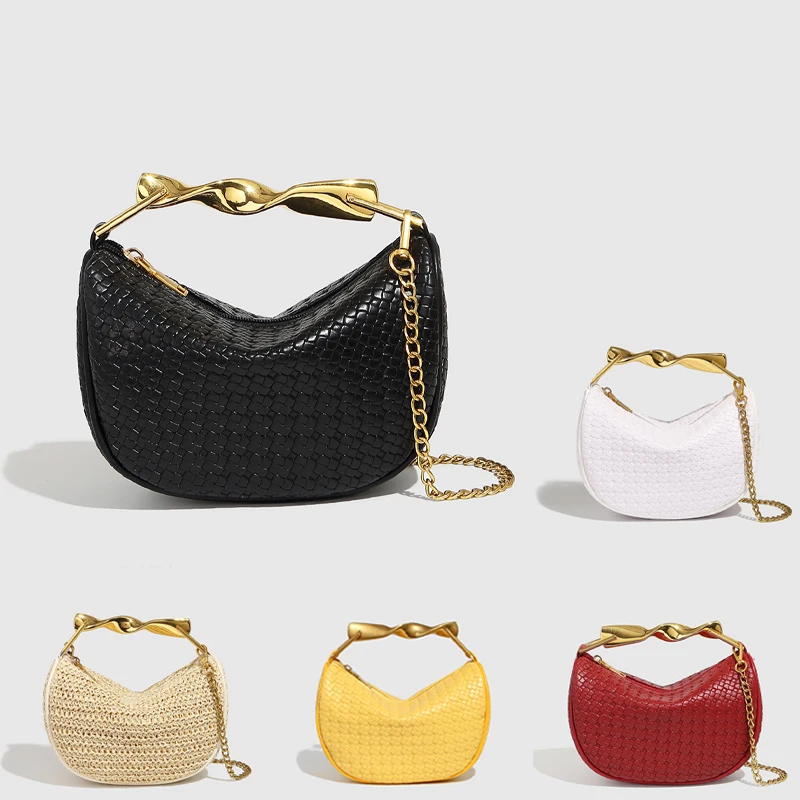 

Trendy Metal-handled Wicker Crescent Bag Versatile Crossbody Shoulder Bag Stylish Boho Straw Purse Women Exquisite Dumpling Bag