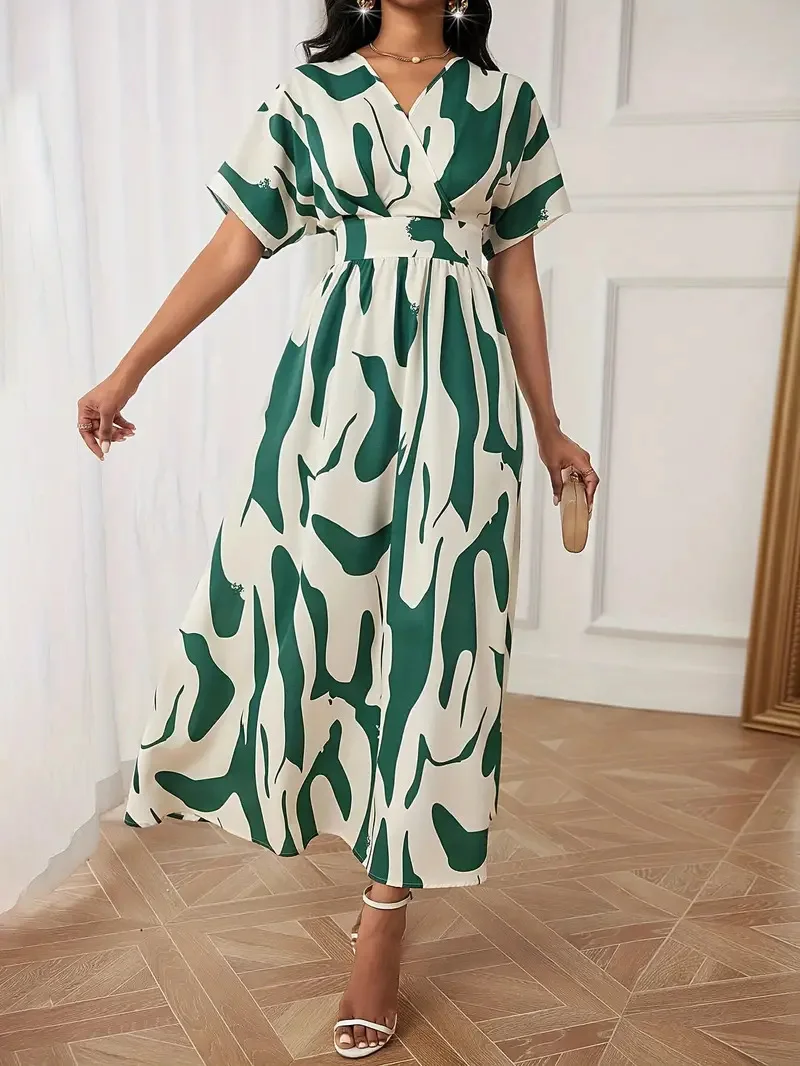 

Women's Green White Abstract Print V-Neck Midi Dress Short Sleeve High Waist A-Line Flowy Summer Casual Party Maxi Dresses