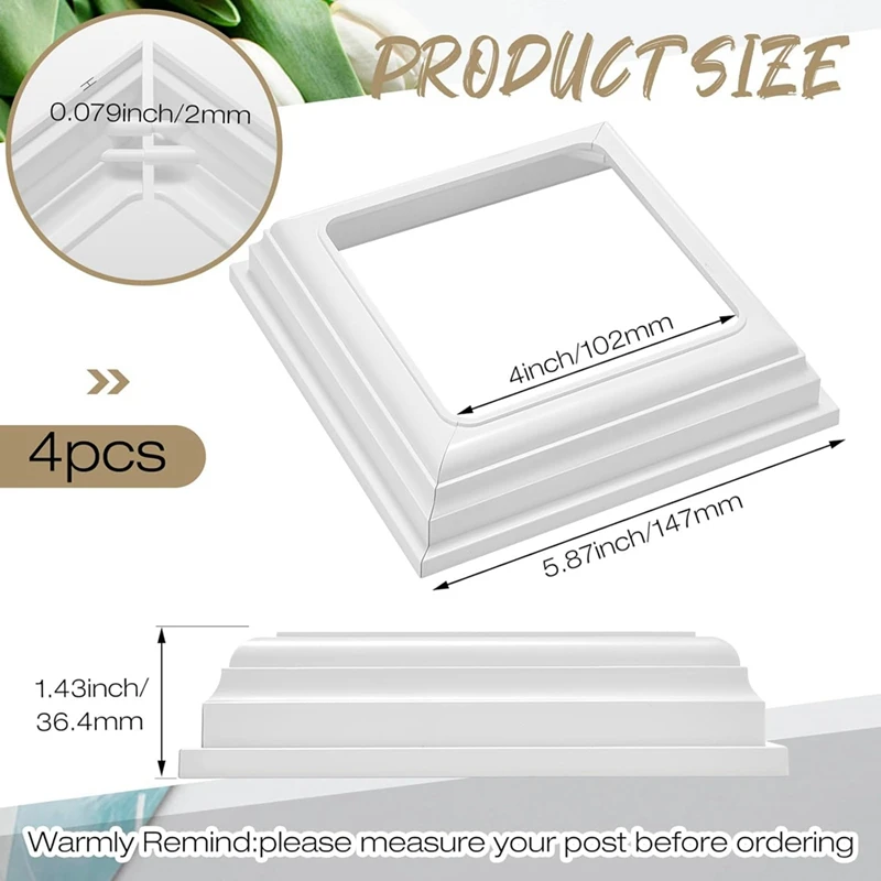 4x4Inch Vinyl Post Skirt-White Post Base Cover Trim for Wood and Vinyl Posts,Deck and Porch Column,Stair Rails-Set of 4-A73M view 3