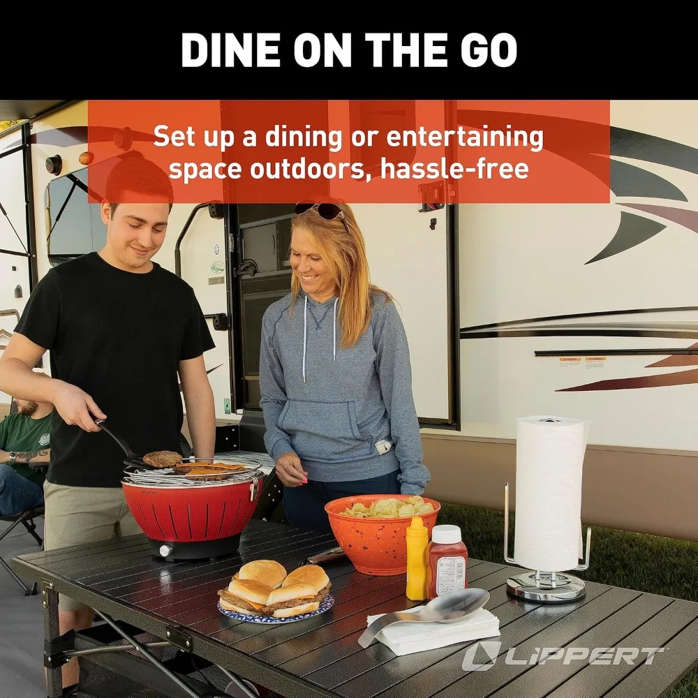 Lippert Camping Dining Table, Slatted Aluminum Tabletop, Foldable Design, Heavy-Duty Steel Legs, Powder-Coated Protection, Mesh