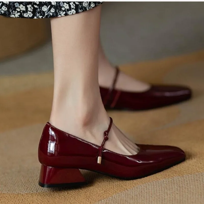 

New Square-toe Leather Shoes Red Black Mary Janes Shoes Women'S Shallow Mouth Casual Chunky Heel Shoes Low Heels Shoes