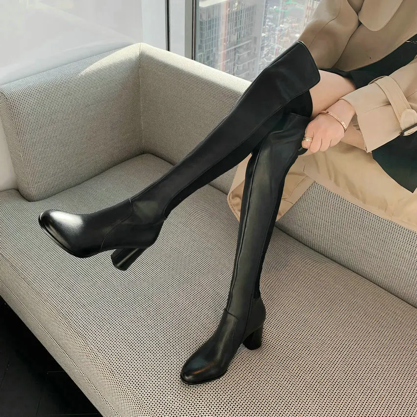 Qutaa 2024 über dem Knie hohe Stiefel für Frauen quadratische High Heel schlanke lange schwarze Stretch hohe Stiefel Damenschuhe Frau Größe 34-39