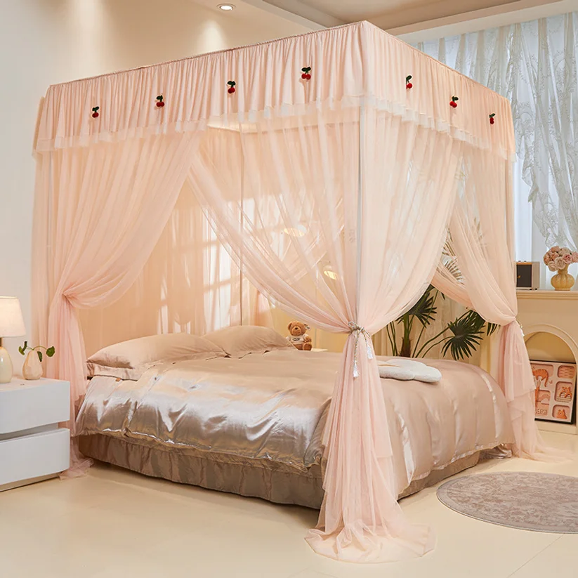 Solid Color Minimalist Princess Style Lace Triple Opening Floor Mosquito Net For Home Bedroom, Encrypted And Thickened