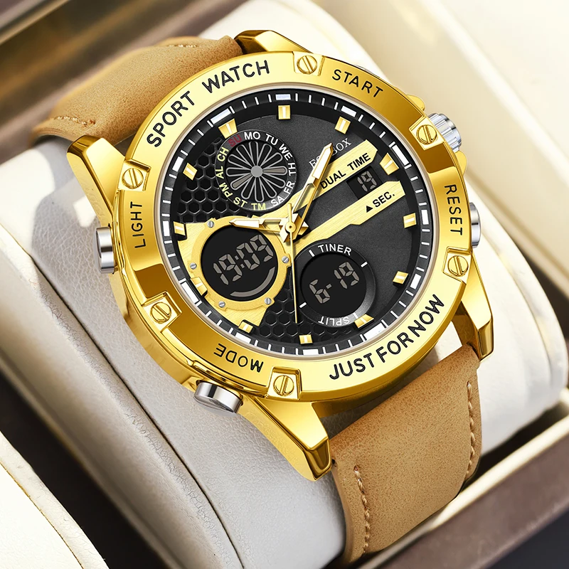 FOXBOX Top Brand Luxury Mens Watches Fashion Leather Analog Digital Watch For Men Casual Sports Waterproof Quartz Chronograph