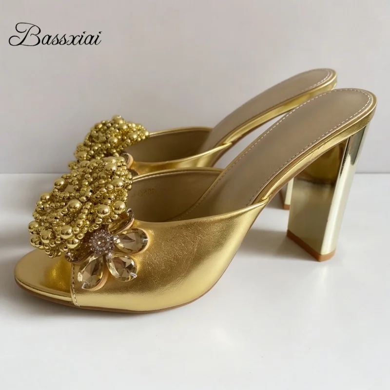 Luxury Crystal Beads Flower Sandals Women With Unique Strange Heel Slingbacks Outwear Mules For Girls Summer