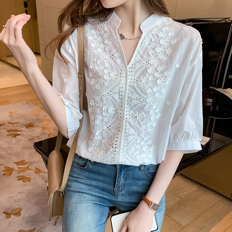 Summer Elegant Embroidery Fashion Spring Women Blouse Tops V-neck Lantern Sleeve White Shirt Vintage Cotton Female Clothes 24350