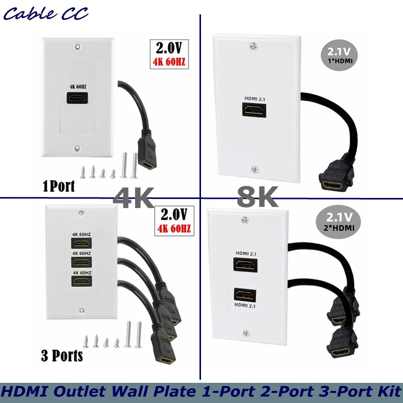 4K 8K HDMI Female to Female Outlet Wall Plate 1/2/3-Port Kit, HD Panel Wall Plug Welding Free Applicable For Engineering Wiring