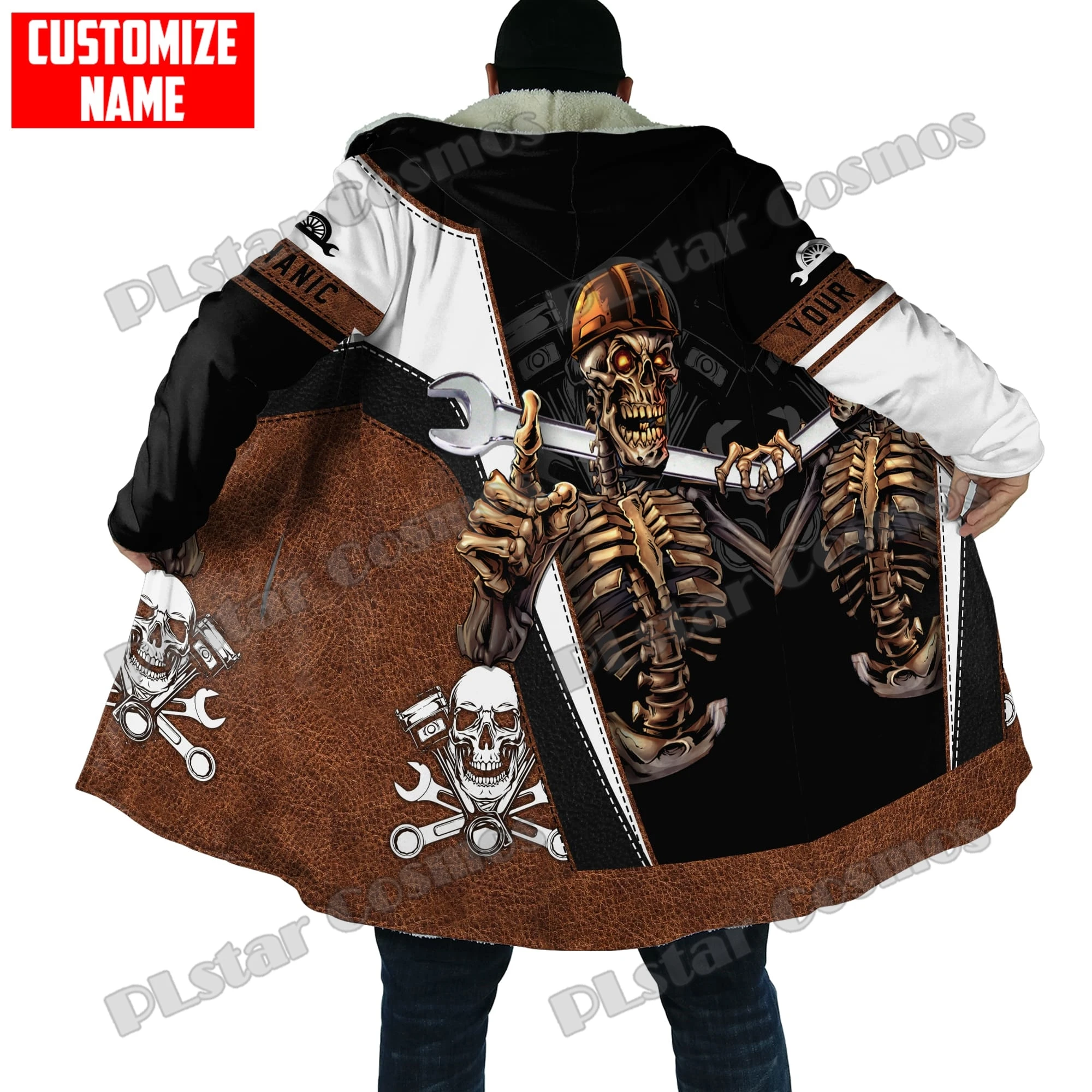 Personalized Mechanic Skull Tool Metal 3D Printed Mens Fleece Hooded cloak Winter Unisex Casual Thick Warm Cape coat PJ07