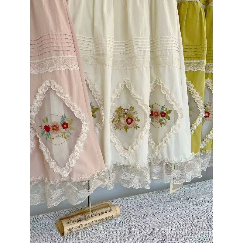 Sweet Kawaii Mori Girl Style Pink Floral Embroidery Maxi Skirt Cute Lace Ruffle A-Line Spring Summer Boho Long Skirts for Women