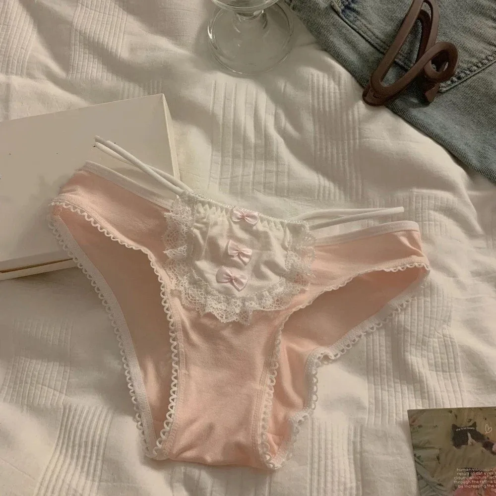 

Lingerie Bow Lace Flower Panties Seamless Transparent Lace Mesh Briefs Hollow Mid Waist Women Underwear Lady