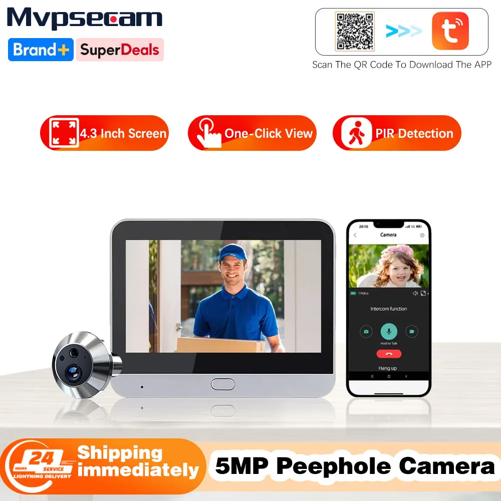 Tuya Smart 5MP 140° Wide View Angle Digital Peephole Eye View WiFi PIR Detection Doorbell Door Camera Alexa Google 4.3