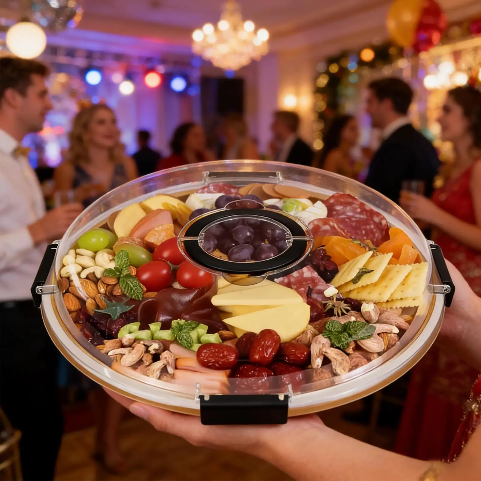 

Деревянная коробка для сыра с 5 отделениями, прозрачная запирающаяся крышка для закусок, многофункциональный органайзер для еды с ручкой